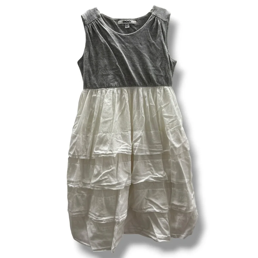DKNY Girls Grey White Mixed Media‎ Tiered Ruffle Dress Sleeveless Size Small